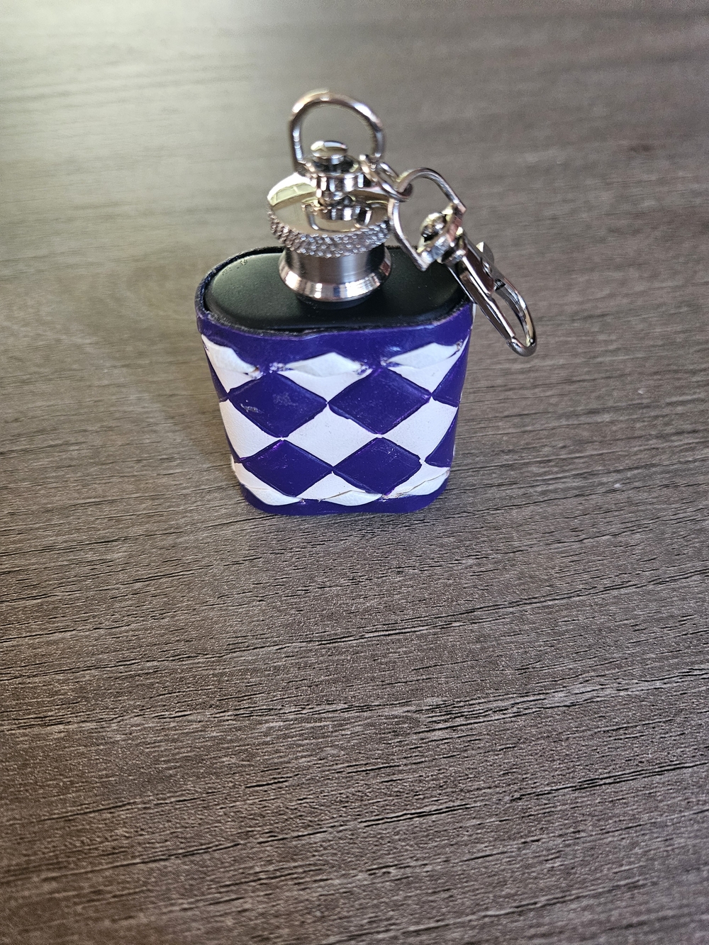 Leather & Hand Painted Purple and White Diamond Pattern Mini Flask Keychain-NWOT
